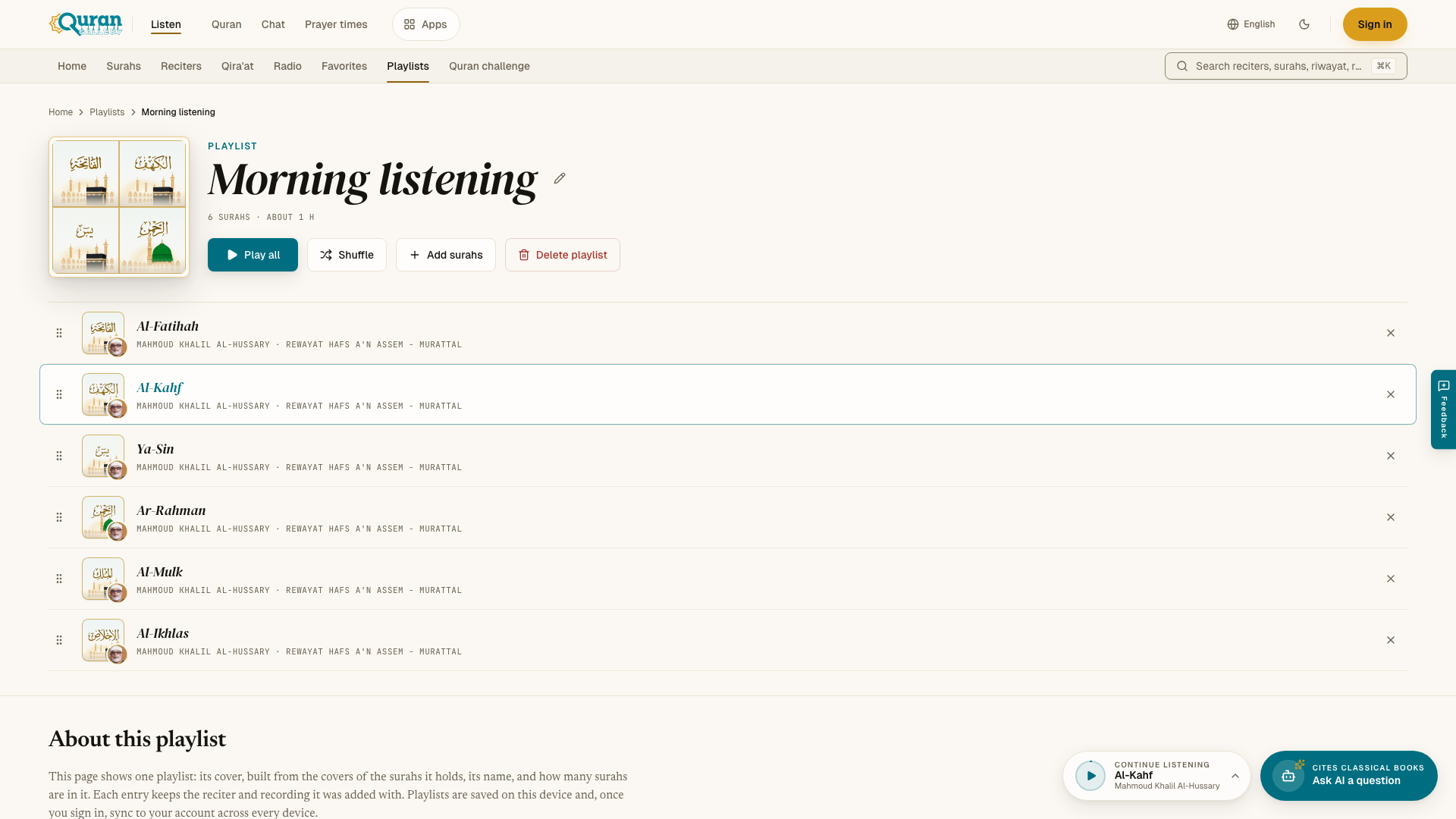 A playlist with its surahs, Play all, Shuffle and Add surahs.