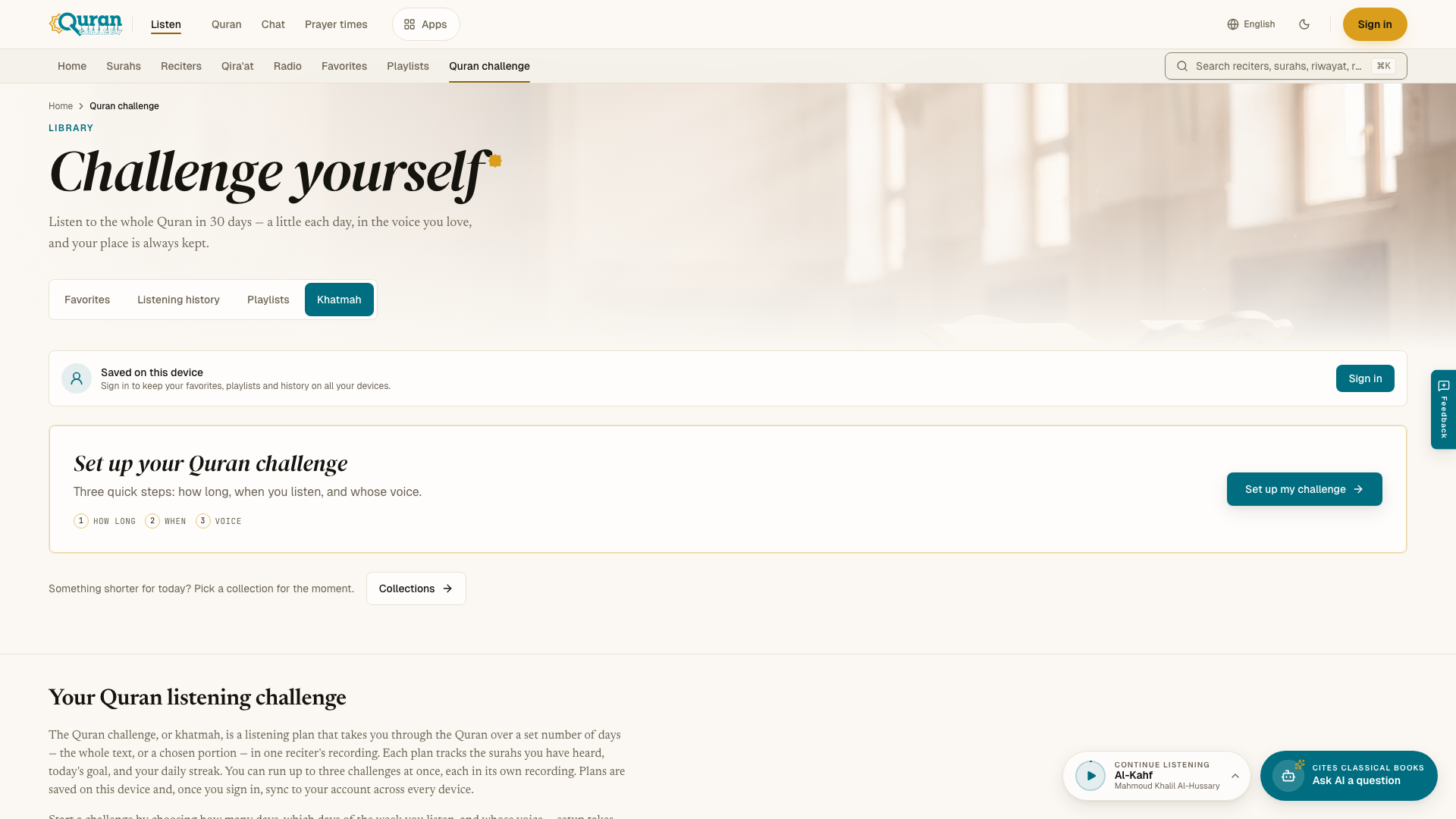 A running Quran challenge — today's goal, progress and the calendar of days listened.