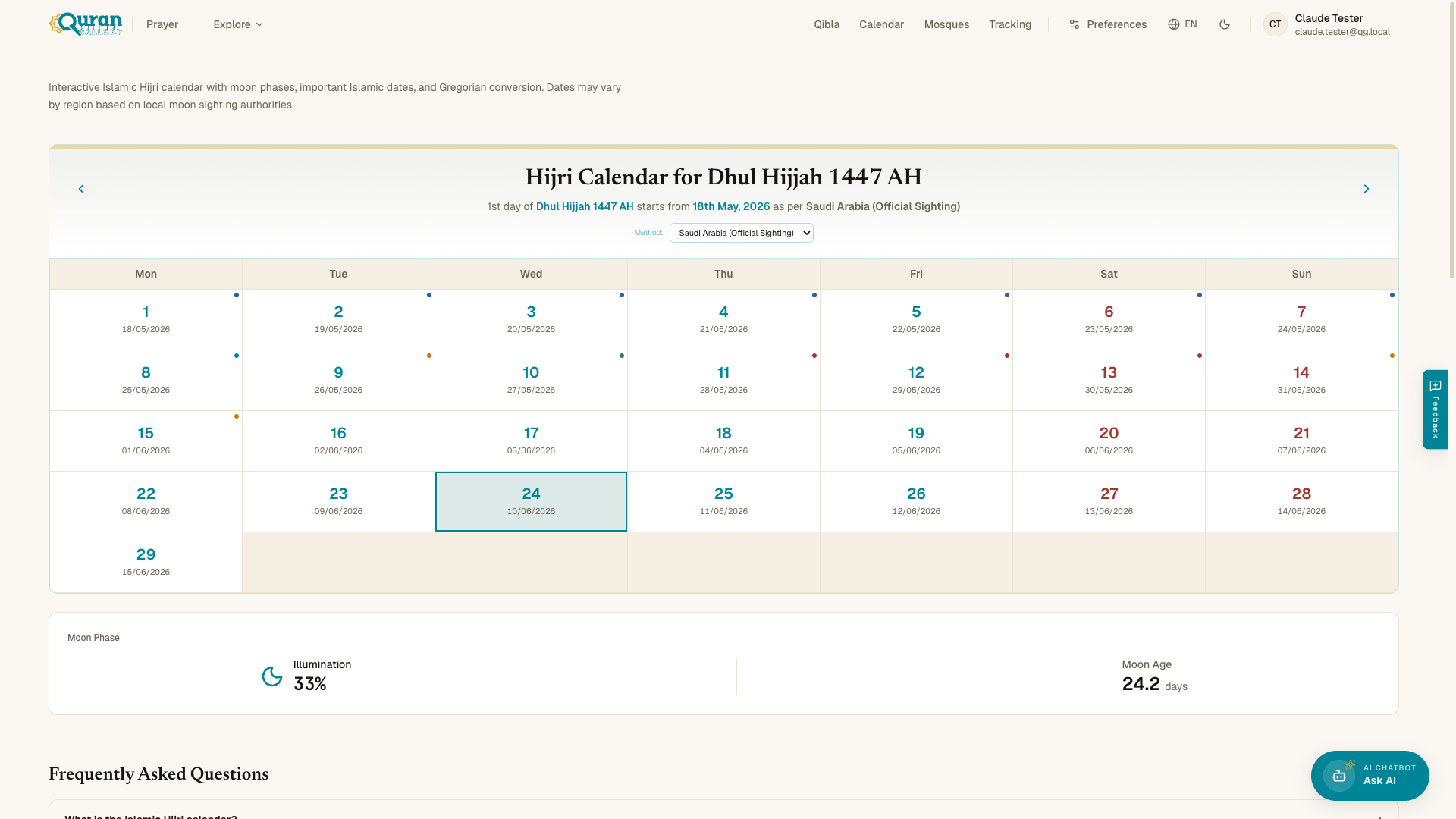 The Hijri calendar — the Method dropdown, the month grid with Gregorian dates, and Islamic events.
