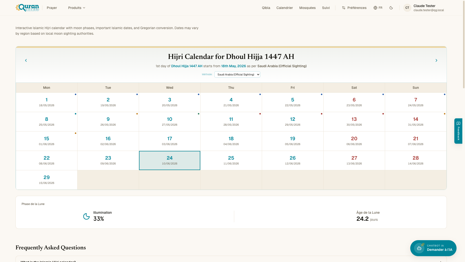 Le calendrier hégirien — le menu Méthode, la grille du mois avec dates grégoriennes et les événements islamiques.
