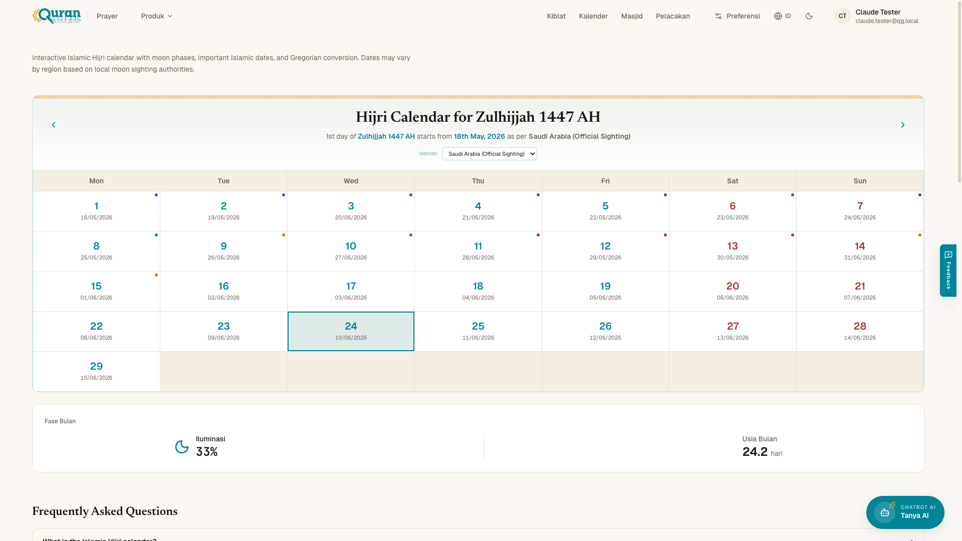 Kalender Hijriah — menu Metode, kisi bulan dengan tanggal Masehi, dan peristiwa Islam.