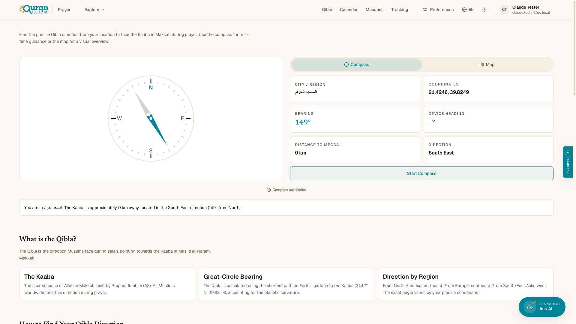 The Qibla finder in compass mode — bearing, distance to Makkah, and the compass dial.