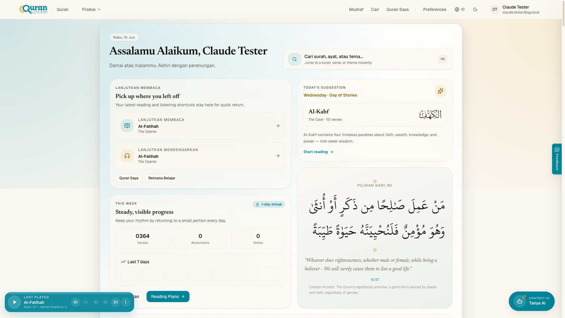 Halaman beranda Quran dengan lanjutkan membaca, kemajuan mingguan, dan pilihan harian.