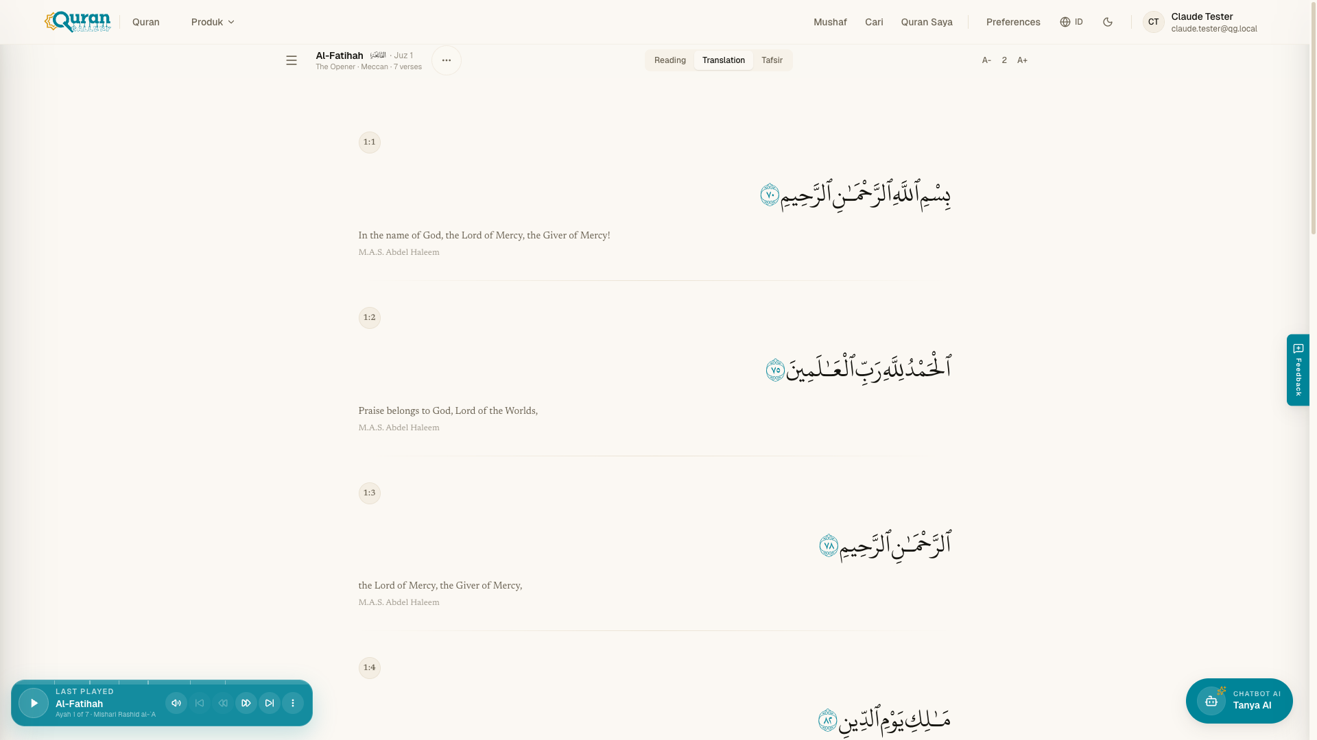 Pembaca dalam tampilan Terjemahan — Al-Fatihah ayat demi ayat dengan teks Arab dan terjemahan.