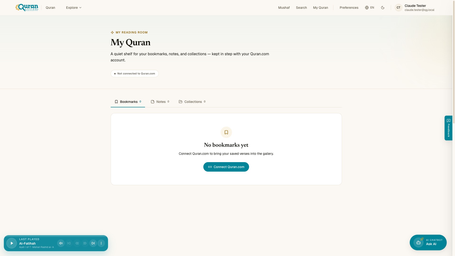 My Quran — your dashboard with bookmarks, notes, collections, history, and khatam progress.