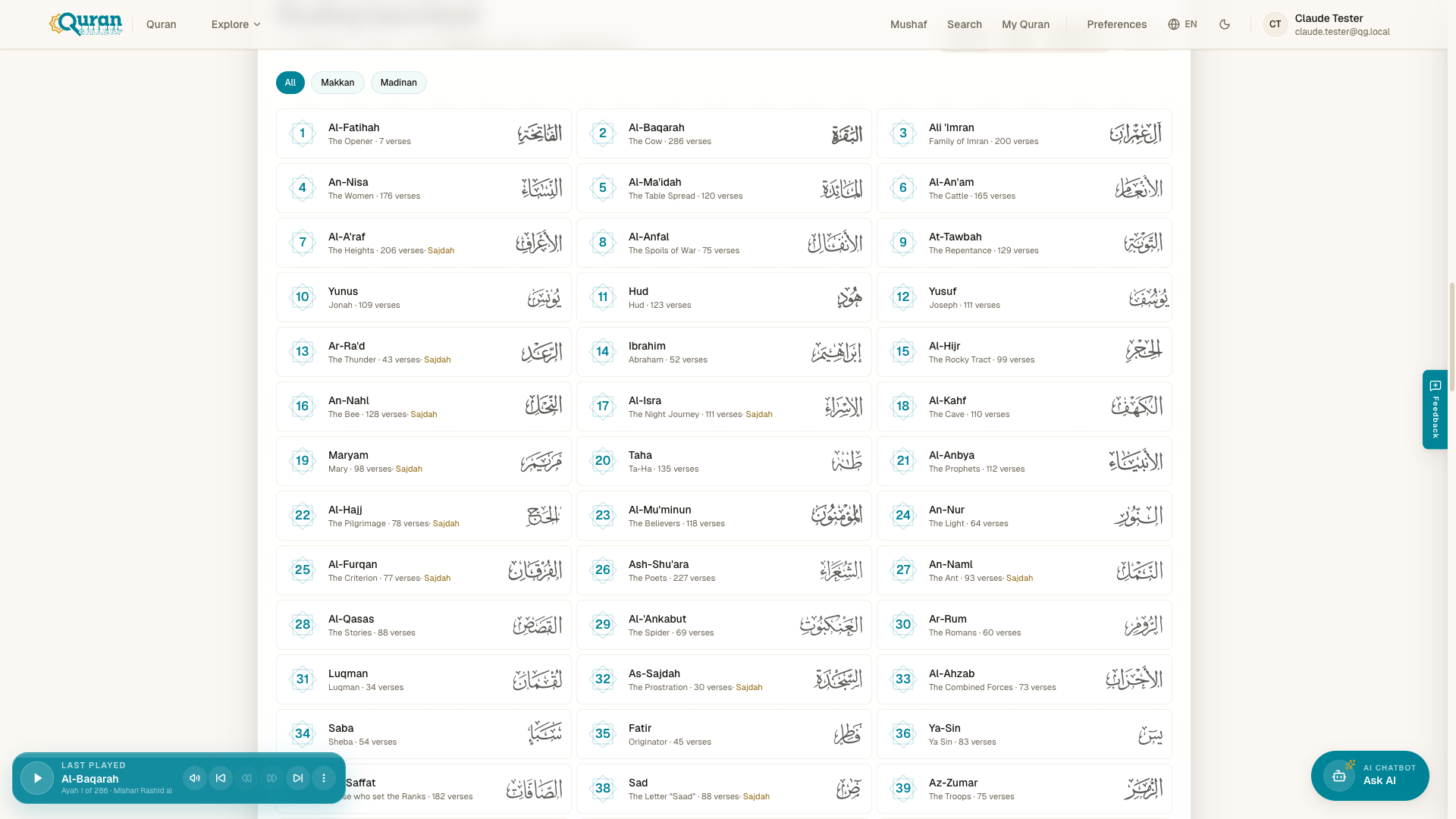 The reading launchpad on the Quran home page — all 114 surahs with Makkan / Madinan filters.